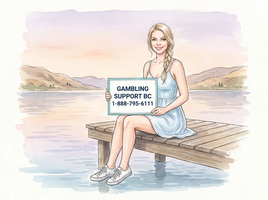 Watercolour illustration: the site character sits on the end of a wooden dock over a calm lake at dusk, holding a card that reads Gambling Support BC, 1-888-795-6111.