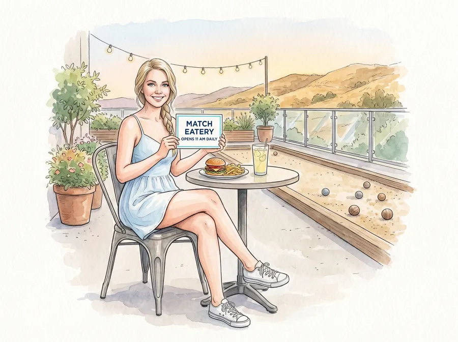 Watercolour illustration: the site character sits at a café table on a rooftop patio with a burger and a lemonade, holding a card that reads MATCH Eatery, opens 11 am daily; a bocce court and golden hills behind her.